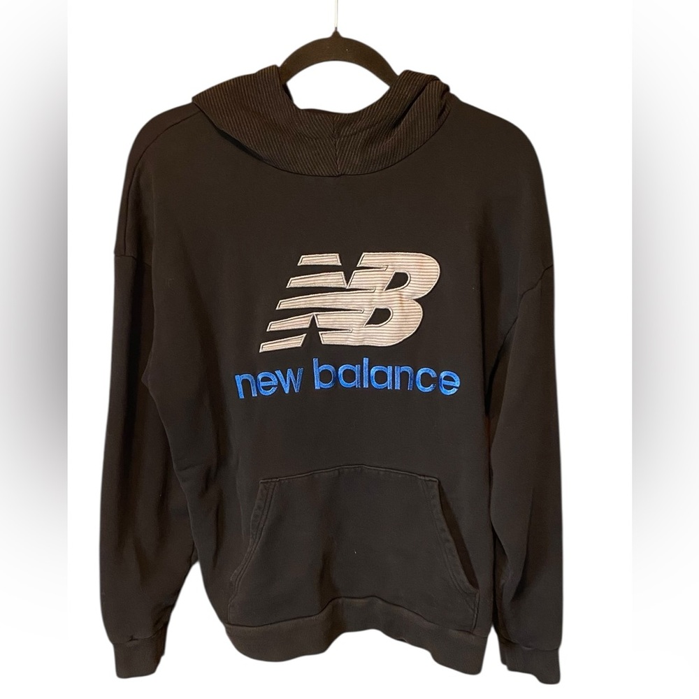 New Balance NB Athletics Cord Hoodie Black Blue Logo Medium Athleisure